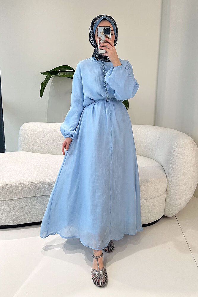 Diana Astarlı Düğmeli Elbise - Mavi - 2