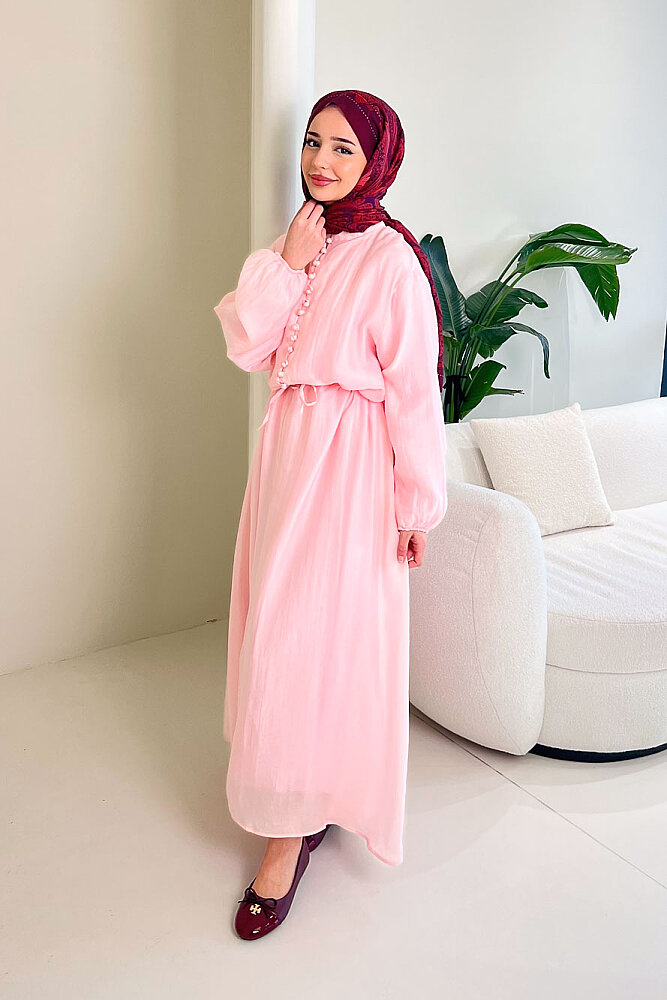 Diana Astarlı Düğmeli Elbise - Pembe - 1