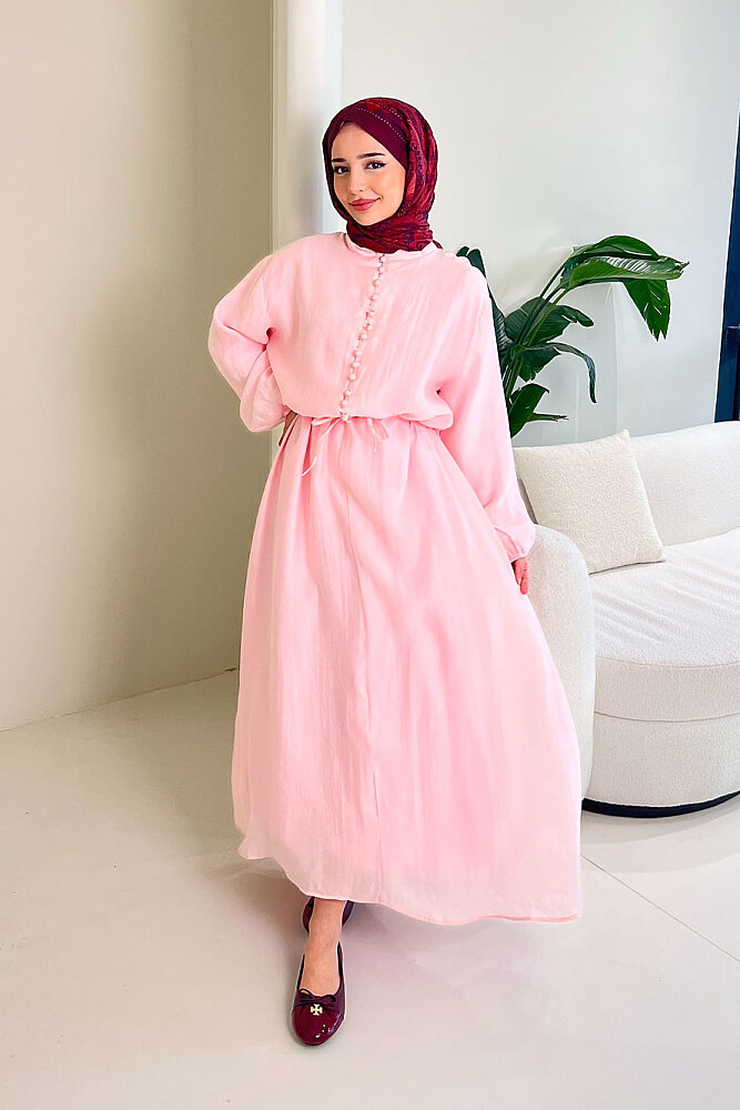 Diana Astarlı Düğmeli Elbise - Pembe - 4