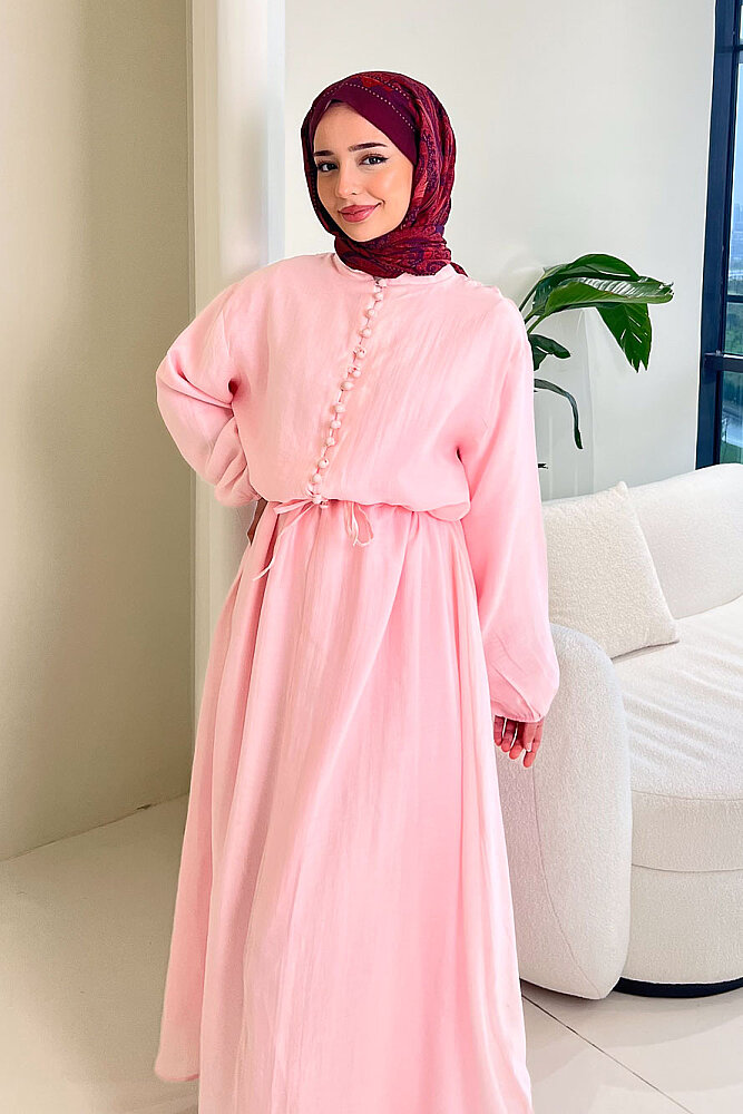 Diana Astarlı Düğmeli Elbise - Pembe - ENMA (4)