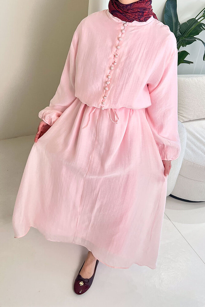 Diana Astarlı Düğmeli Elbise - Pembe - ENMA (2)