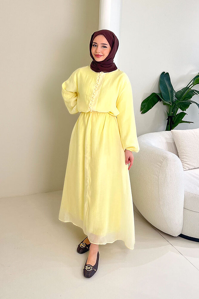 Diana Astarlı Düğmeli Elbise - Sarı - 1