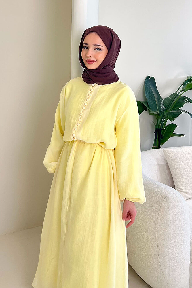 Diana Astarlı Düğmeli Elbise - Sarı - ENMA (3)