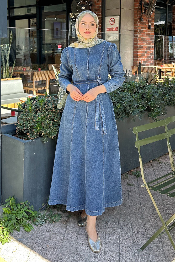 Dikiş Detaylı Denim Elbise - Açık Mavi - 5