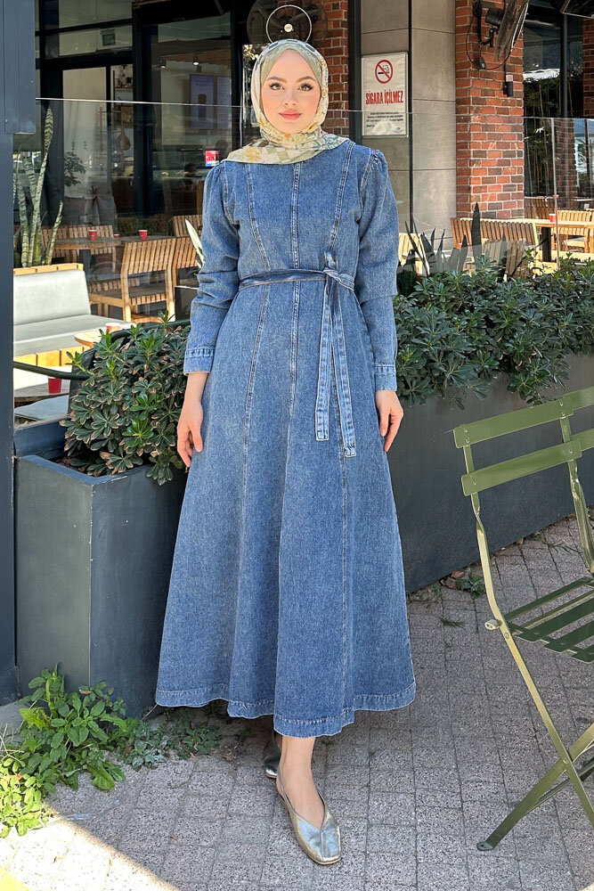 Dikiş Detaylı Denim Elbise - Açık Mavi - 6