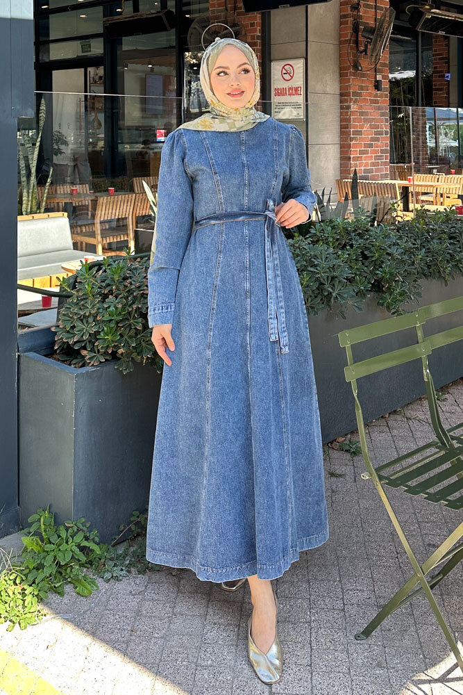 Dikiş Detaylı Denim Elbise - Açık Mavi - 3