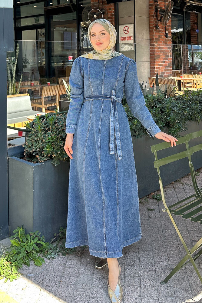 Dikiş Detaylı Denim Elbise - Açık Mavi 