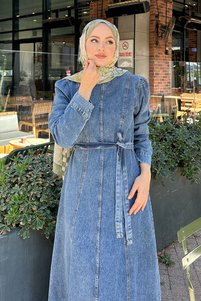 Dikiş Detaylı Denim Elbise - Açık Mavi - 7