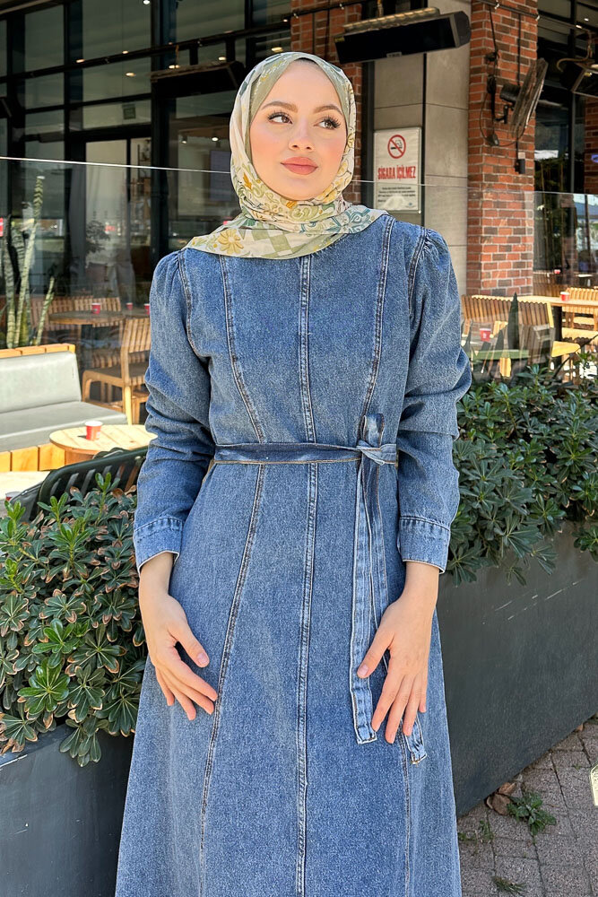 Dikiş Detaylı Denim Elbise - Açık Mavi - 2