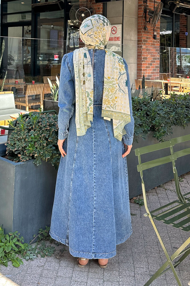 Dikiş Detaylı Denim Elbise - Açık Mavi - 8