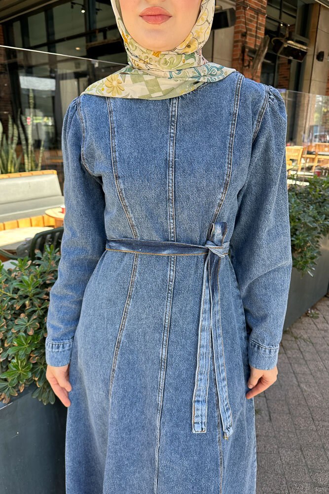 Dikiş Detaylı Denim Elbise - Açık Mavi - 4