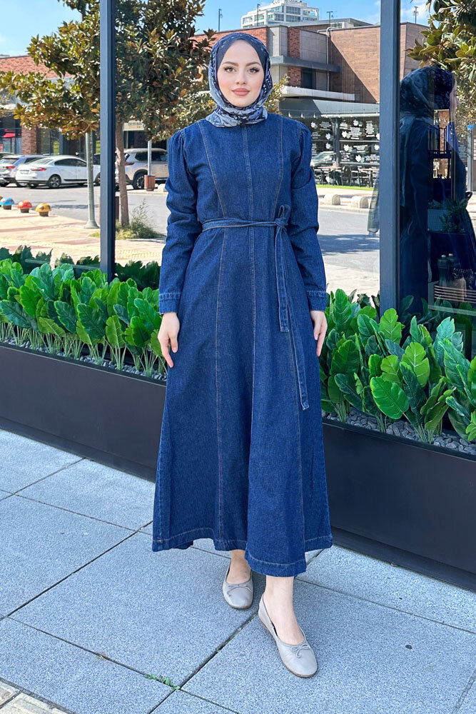 Dikiş Detaylı Denim Elbise - Koyu Mavi - HENZA (2)