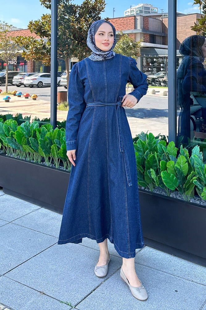 Dikiş Detaylı Denim Elbise - Koyu Mavi - 5
