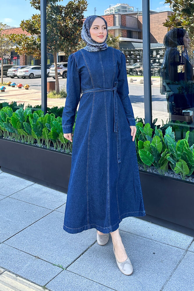 Dikiş Detaylı Denim Elbise - Koyu Mavi - HENZA (5)