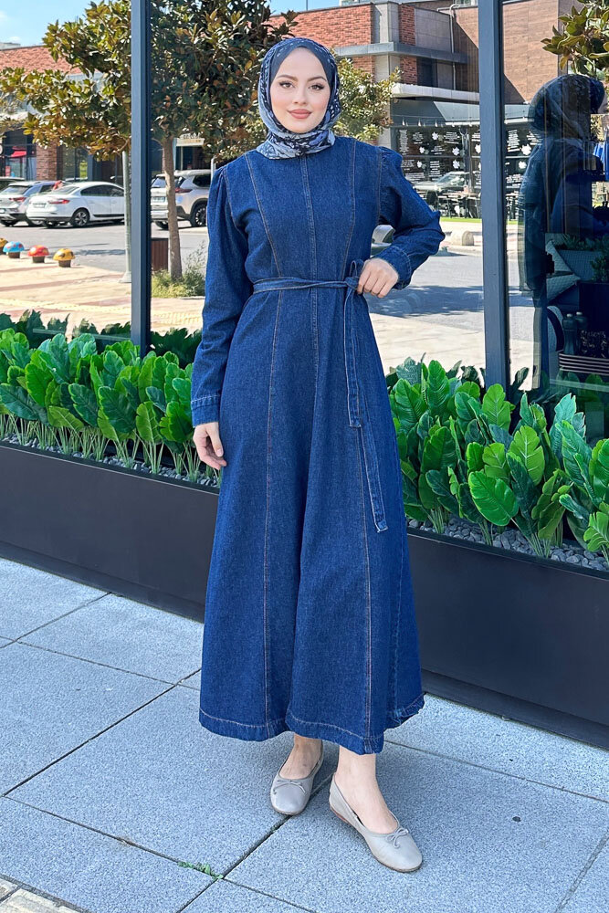 Dikiş Detaylı Denim Elbise - Koyu Mavi - HENZA (0)