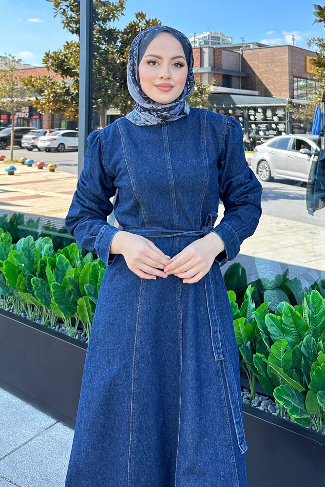 Dikiş Detaylı Denim Elbise - Koyu Mavi - 2