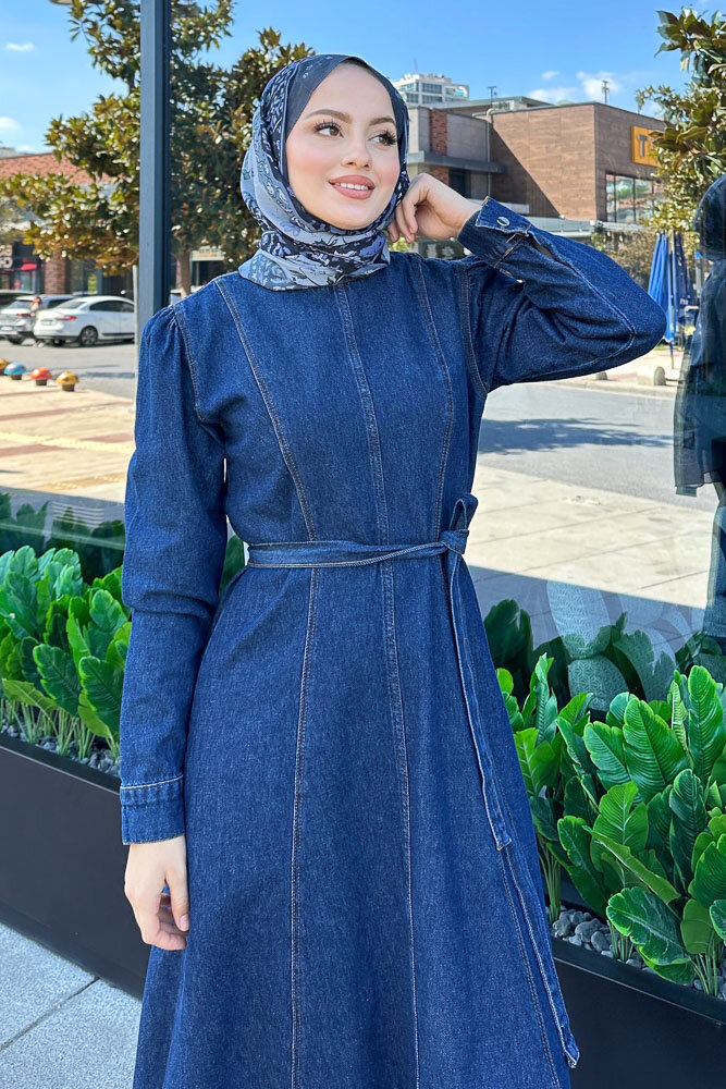 Dikiş Detaylı Denim Elbise - Koyu Mavi - 7