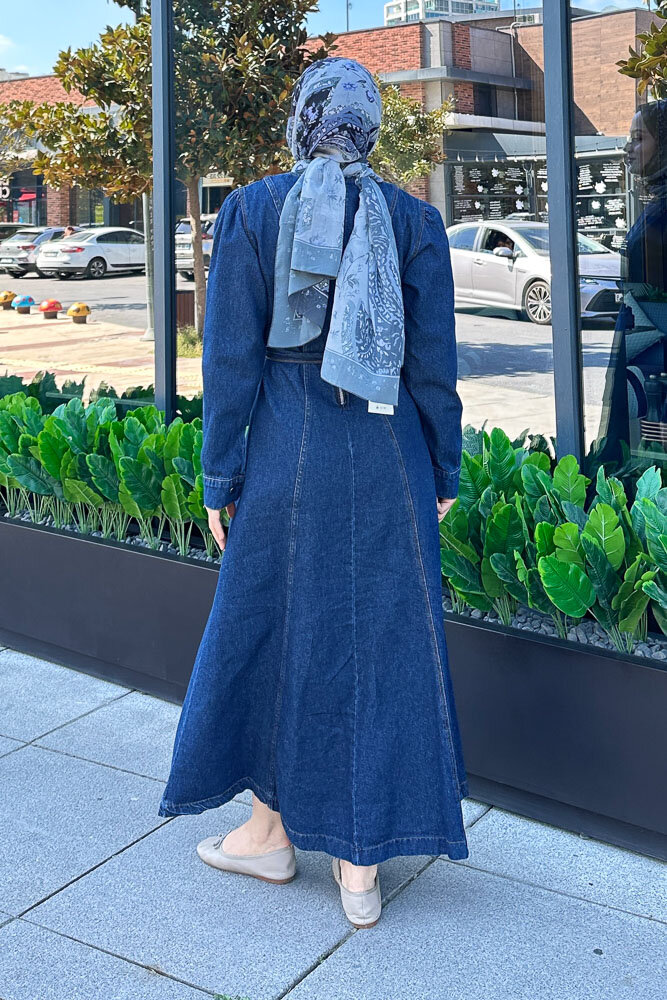 Dikiş Detaylı Denim Elbise - Koyu Mavi - 8