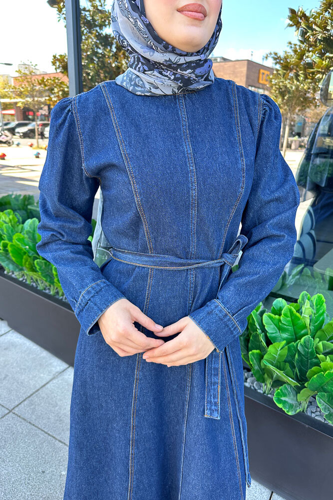 Dikiş Detaylı Denim Elbise - Koyu Mavi - HENZA (3)
