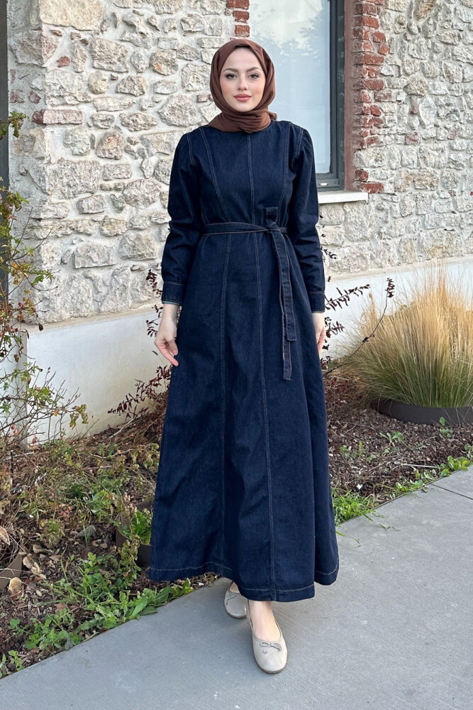 Dikiş Detaylı Denim Elbise - Lacivert - 4