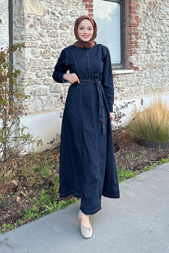 Dikiş Detaylı Denim Elbise - Lacivert - 1