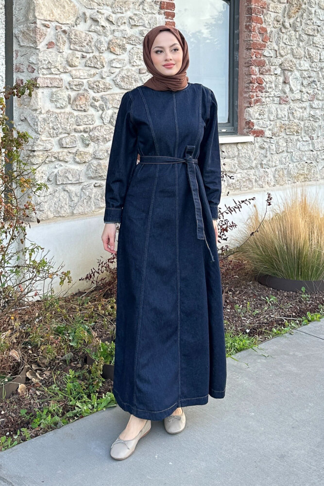 Dikiş Detaylı Denim Elbise - Lacivert - 5