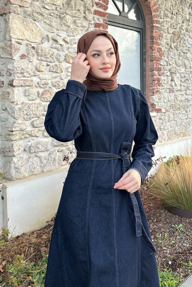 Dikiş Detaylı Denim Elbise - Lacivert - 2