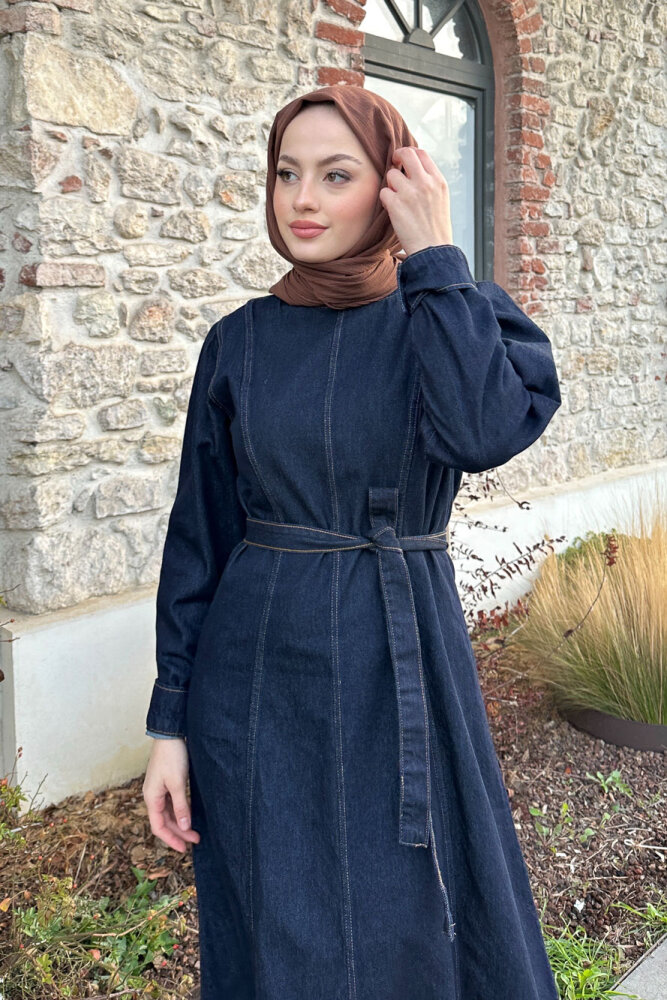 Dikiş Detaylı Denim Elbise - Lacivert - HENZA (5)
