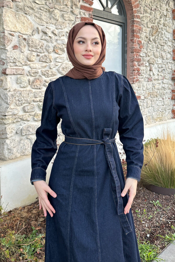 Dikiş Detaylı Denim Elbise - Lacivert - 7