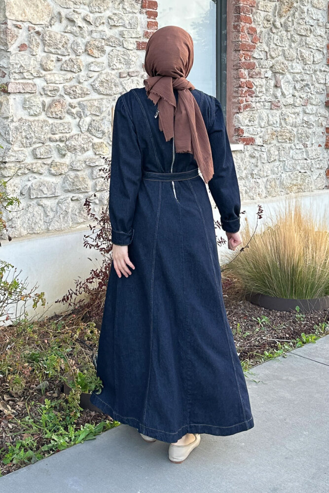 Dikiş Detaylı Denim Elbise - Lacivert - 8