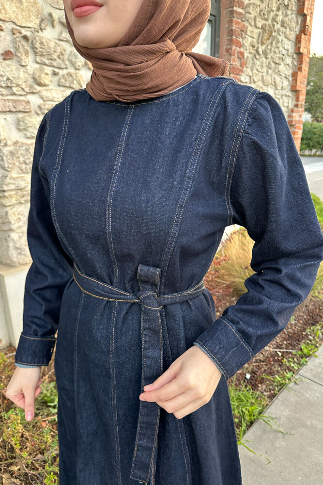 Dikiş Detaylı Denim Elbise - Lacivert - 3