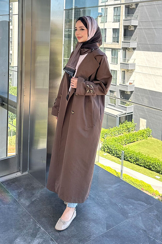 Dima Arka Düğme Detaylı Trençkot - Kahverengi - ALLMİSS (5)