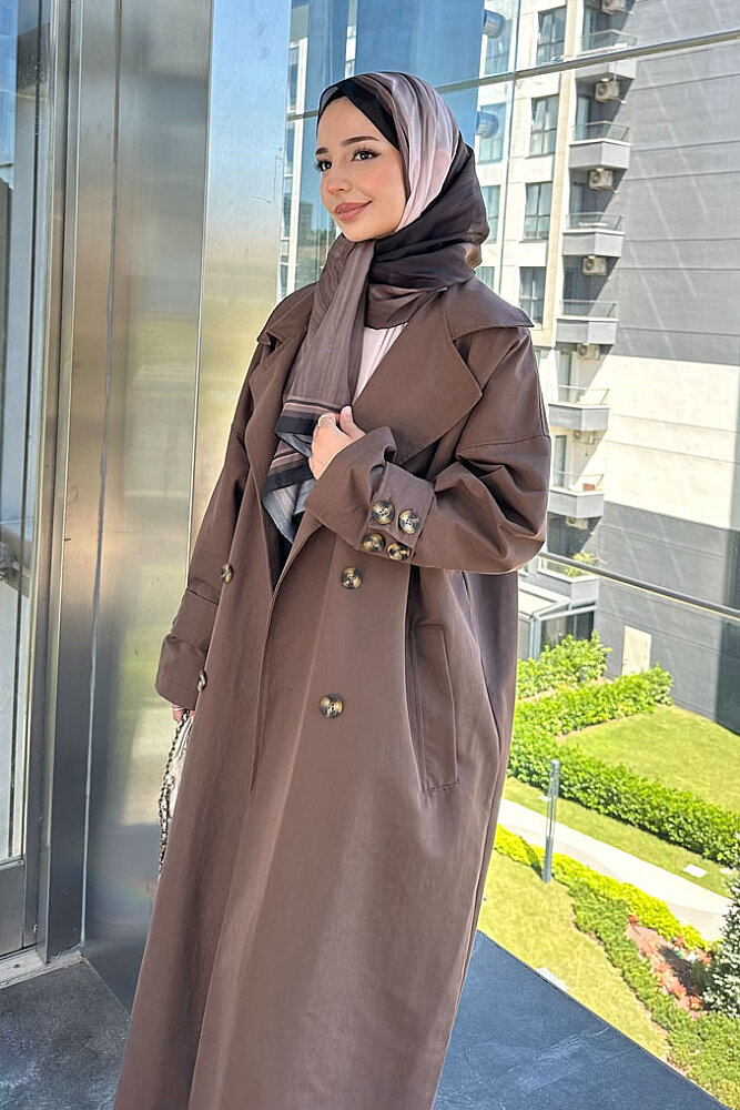 Dima Arka Düğme Detaylı Trençkot - Kahverengi - ALLMİSS (4)