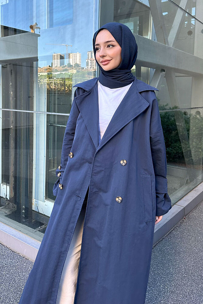Dima Arka Düğme Detaylı Trençkot - Lacivert - ALLMİSS (5)
