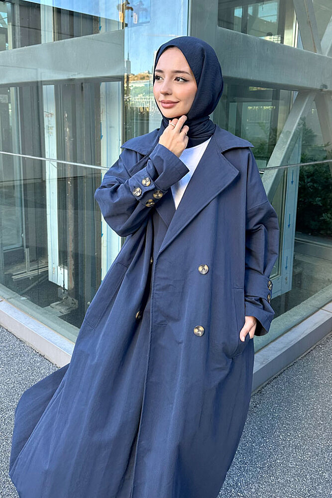Dima Arka Düğme Detaylı Trençkot - Lacivert - ALLMİSS (1)