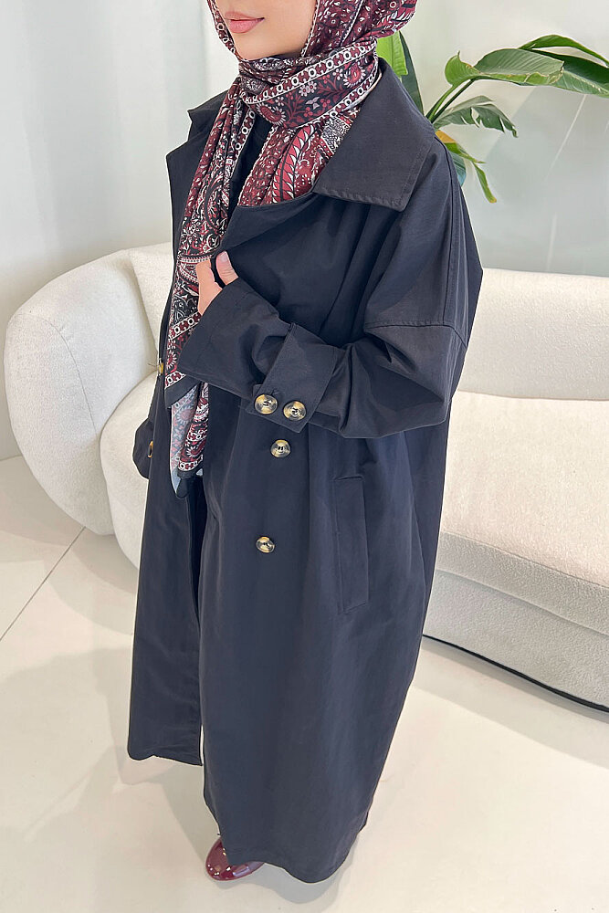 Dima Arka Düğme Detaylı Trençkot - Siyah - ALLMİSS (2)