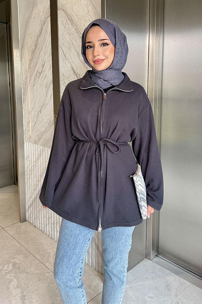 Dora Fermuarlı Sweatshirt - Antrasit - 5