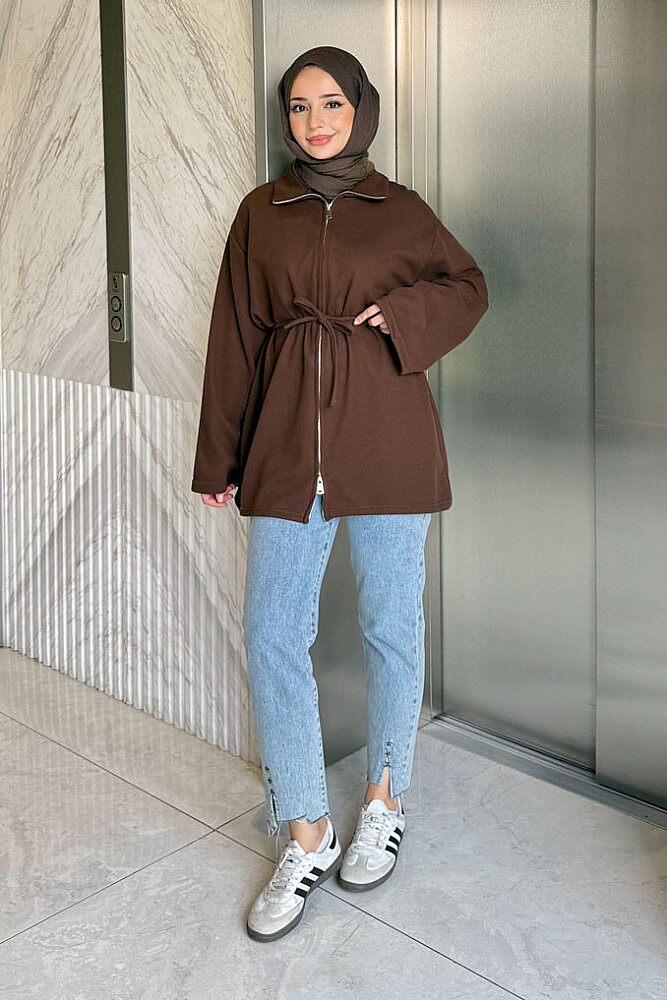 Dora Fermuarlı Sweatshirt - Kahverengi - ENMA (1)
