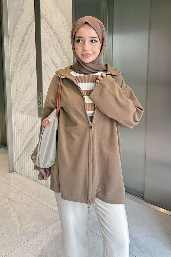 Dora Fermuarlı Sweatshirt - Vizon - 4