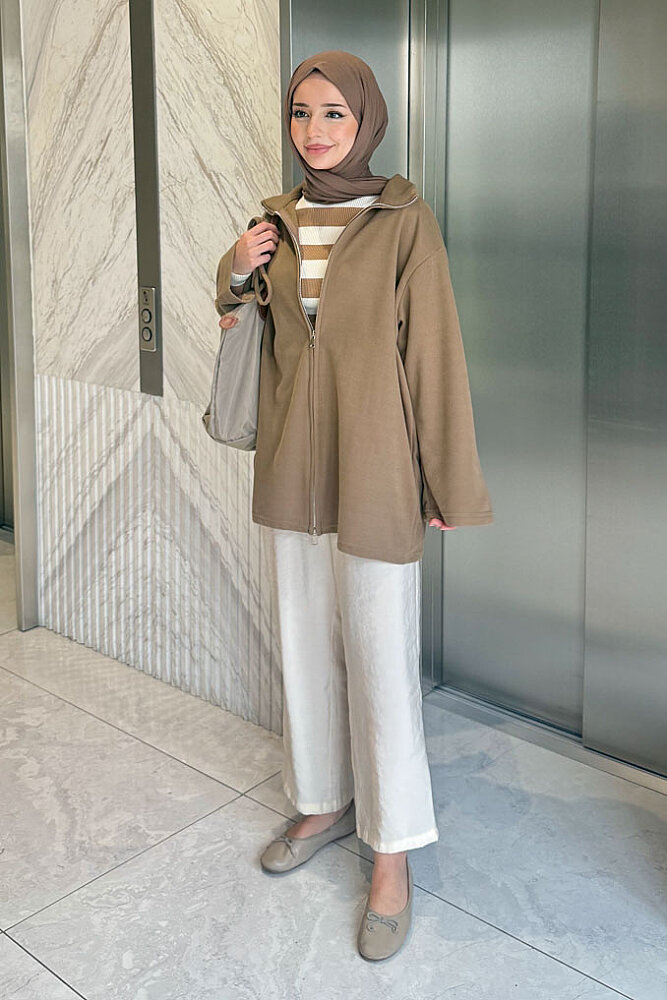 Dora Fermuarlı Sweatshirt - Vizon - 1