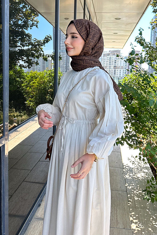 Düğmeli Bel Büzgülü Elbise - Bej - LİNE (4)