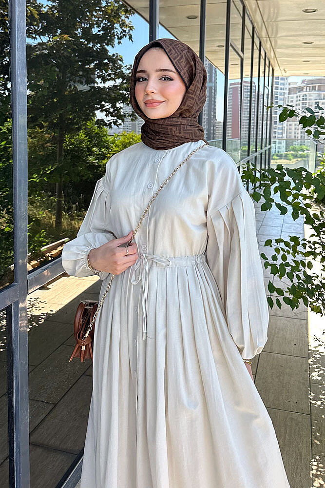 Düğmeli Bel Büzgülü Elbise - Bej - 2