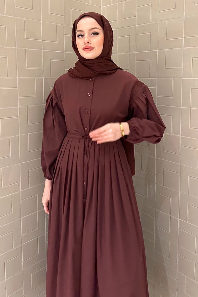 Düğmeli Bel Büzgülü Elbise - Bordo - LİNE (3)