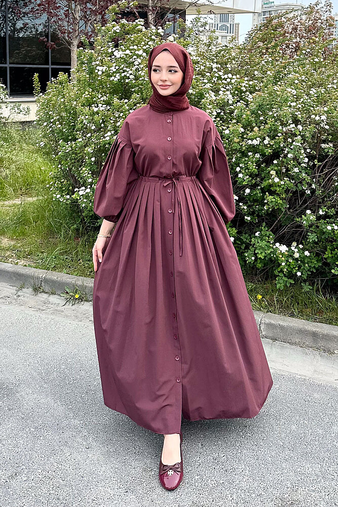 Düğmeli Bel Büzgülü Elbise - Bordo - 4