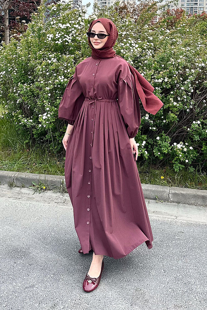 Düğmeli Bel Büzgülü Elbise - Bordo - LİNE (0)
