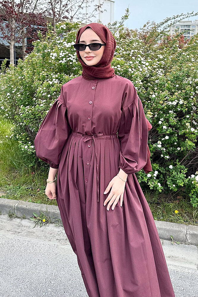 Düğmeli Bel Büzgülü Elbise - Bordo - 2