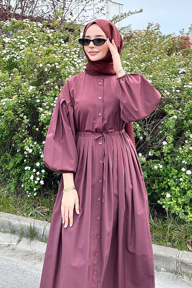 Düğmeli Bel Büzgülü Elbise - Bordo - LİNE (4)
