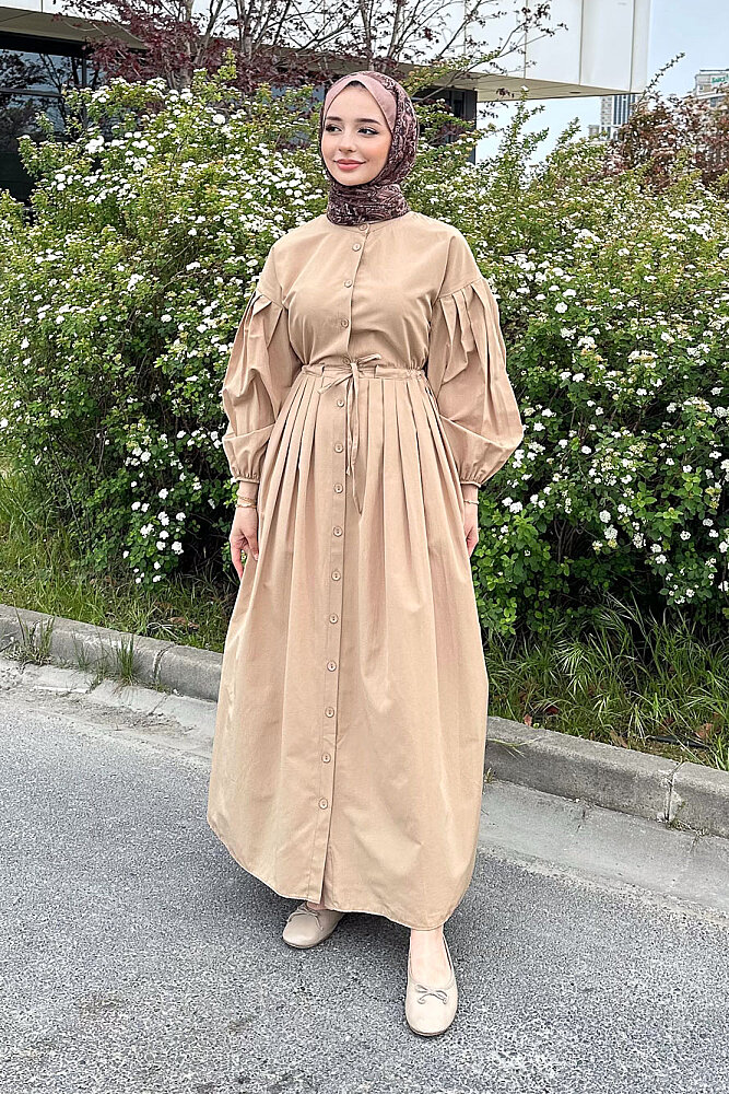 Düğmeli Bel Büzgülü Elbise - Camel - 5