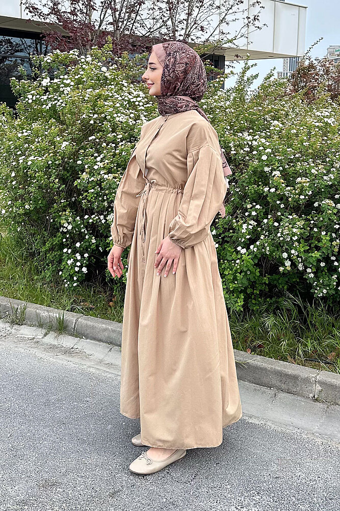Düğmeli Bel Büzgülü Elbise - Camel - LİNE (3)