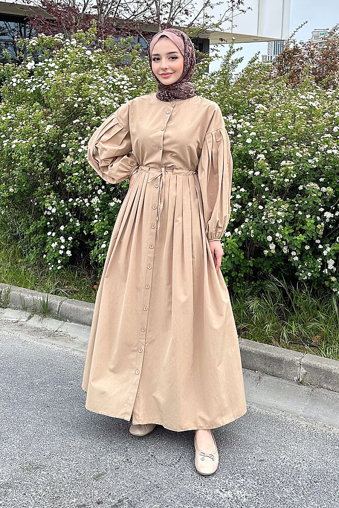 Düğmeli Bel Büzgülü Elbise - Camel - LİNE (0)